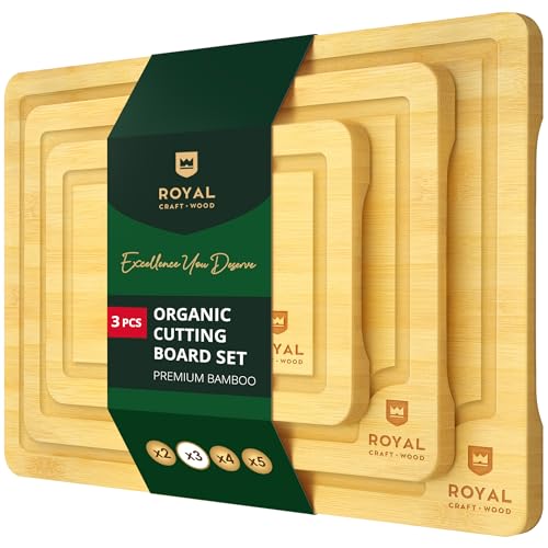 Cutting Boards for Kitchen - Bamboo Cutting Board Set of 3, Cutting Boards with Juice Grooves, Serving Board Set, Thick Chopping Board for Meat, Veggies, Easy Grip Handl