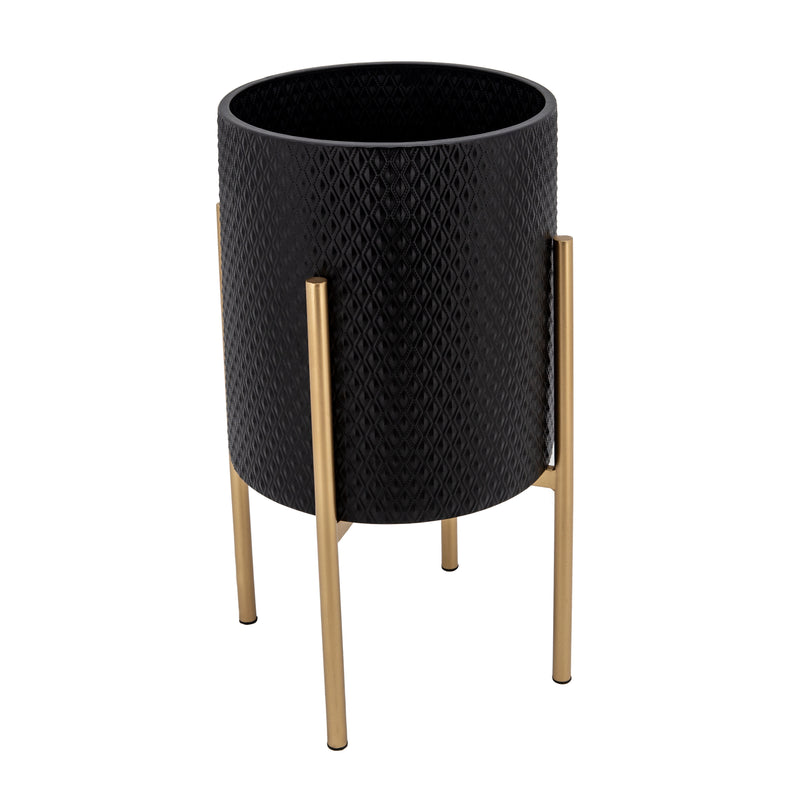 Set of 2 Textured Planter On Stand, Black/Gold