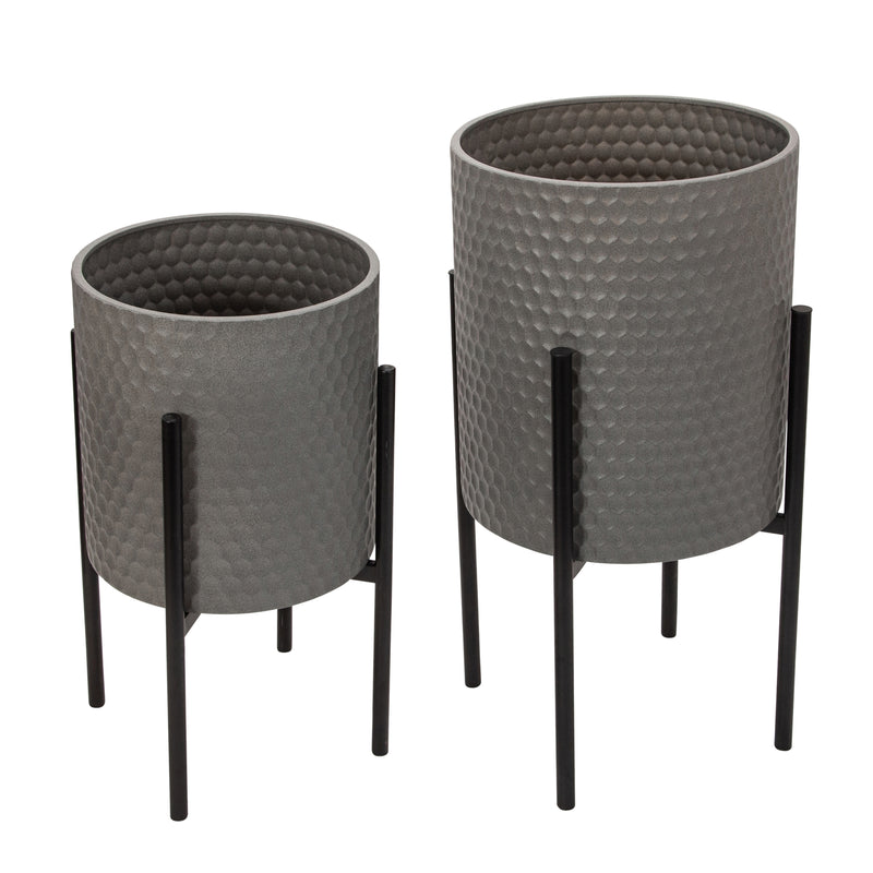 Set of 2 Honeycomb Planters On Stand, Gray/Blk, Planters