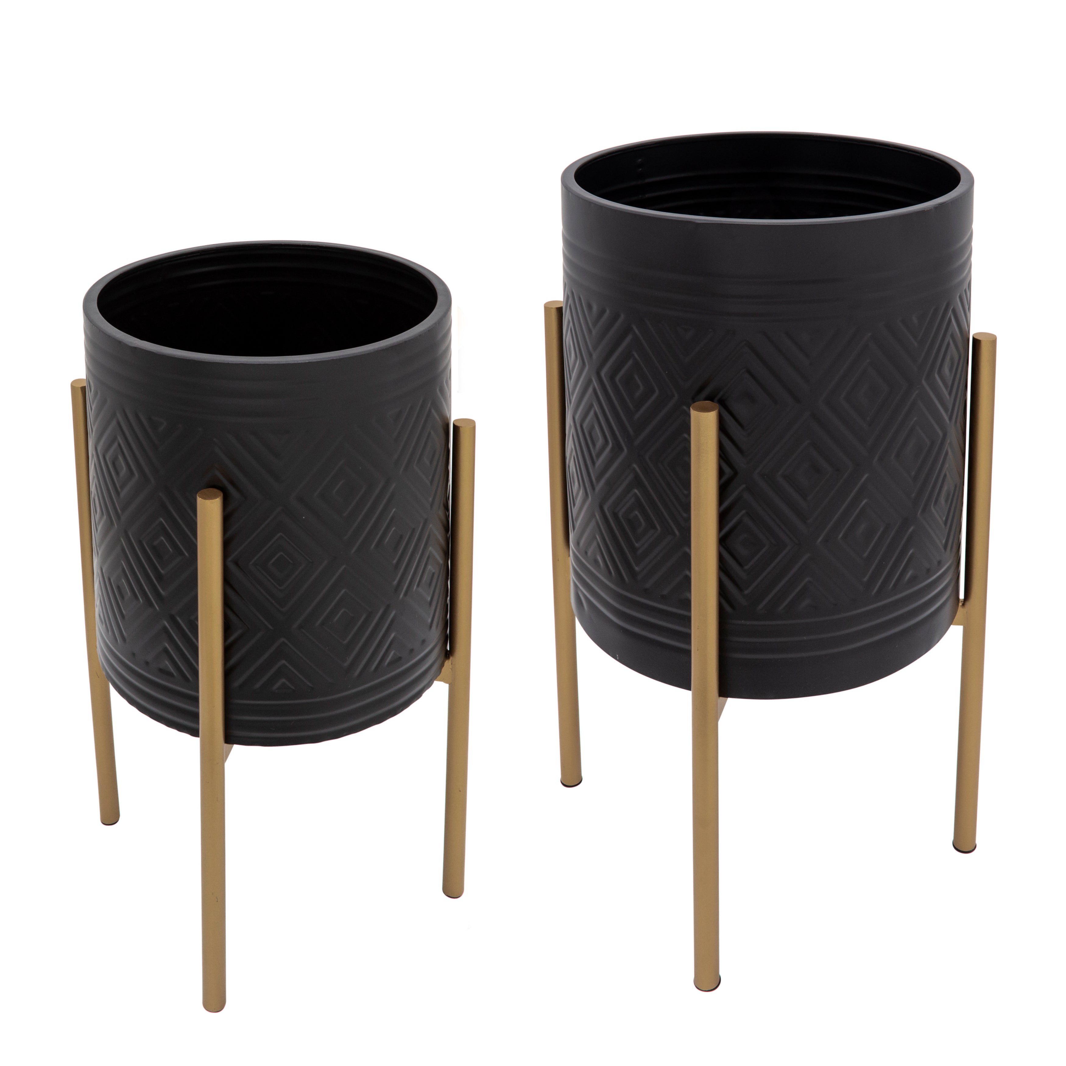 Set of 2 Aztec Planters On Stand, Black/Gold, Planters