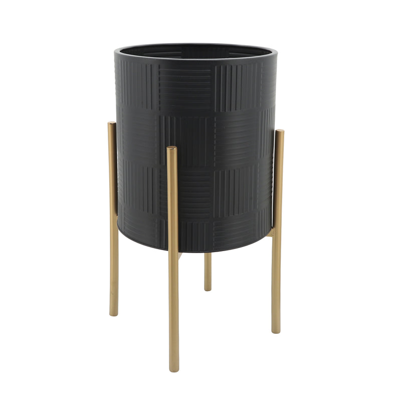 Set of 2 Planters with Lines On Stand, Black/Gold