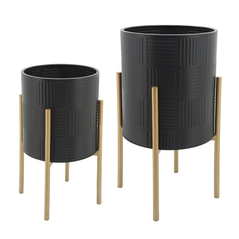 Set of 2 Planters with Lines On Stand, Black/Gold, Planters