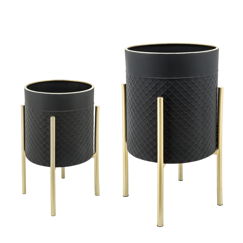 Set of 2 Scales Planter On Metal Stand, Blk/Gold, Planters