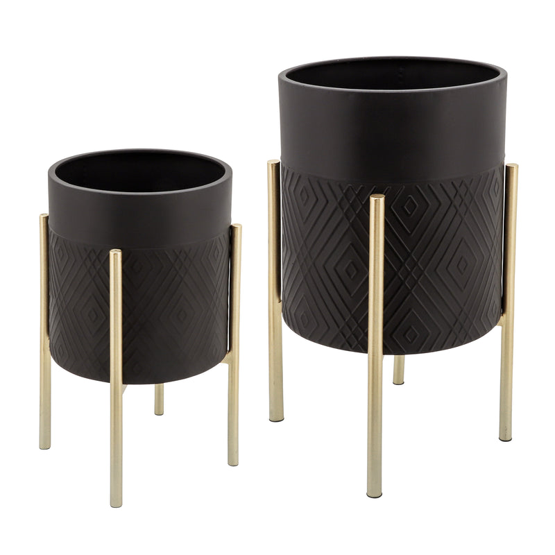 Set of 2 Diamond Planters On Stand, Blk/Gold, Planters