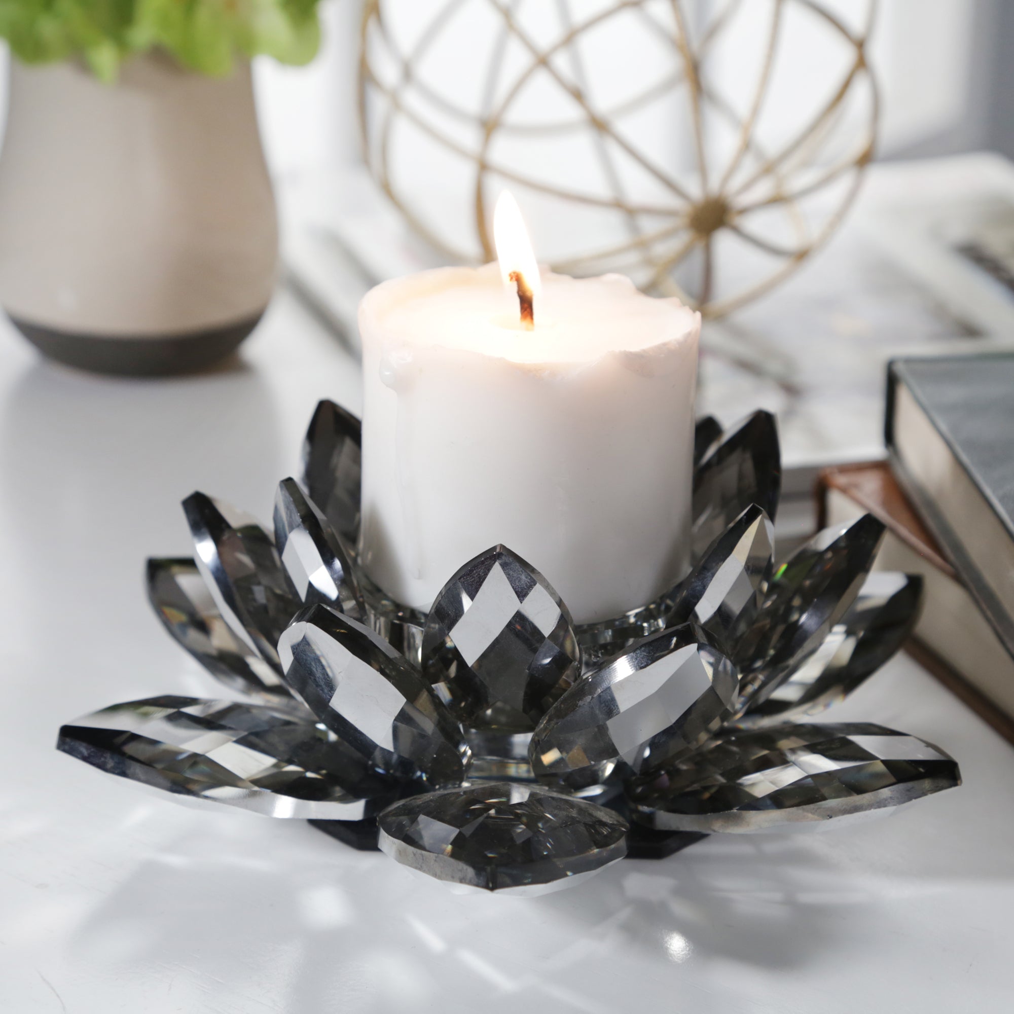 Black Crystal Lotus Votive Holder 8.25", Candle Holders and Tealights