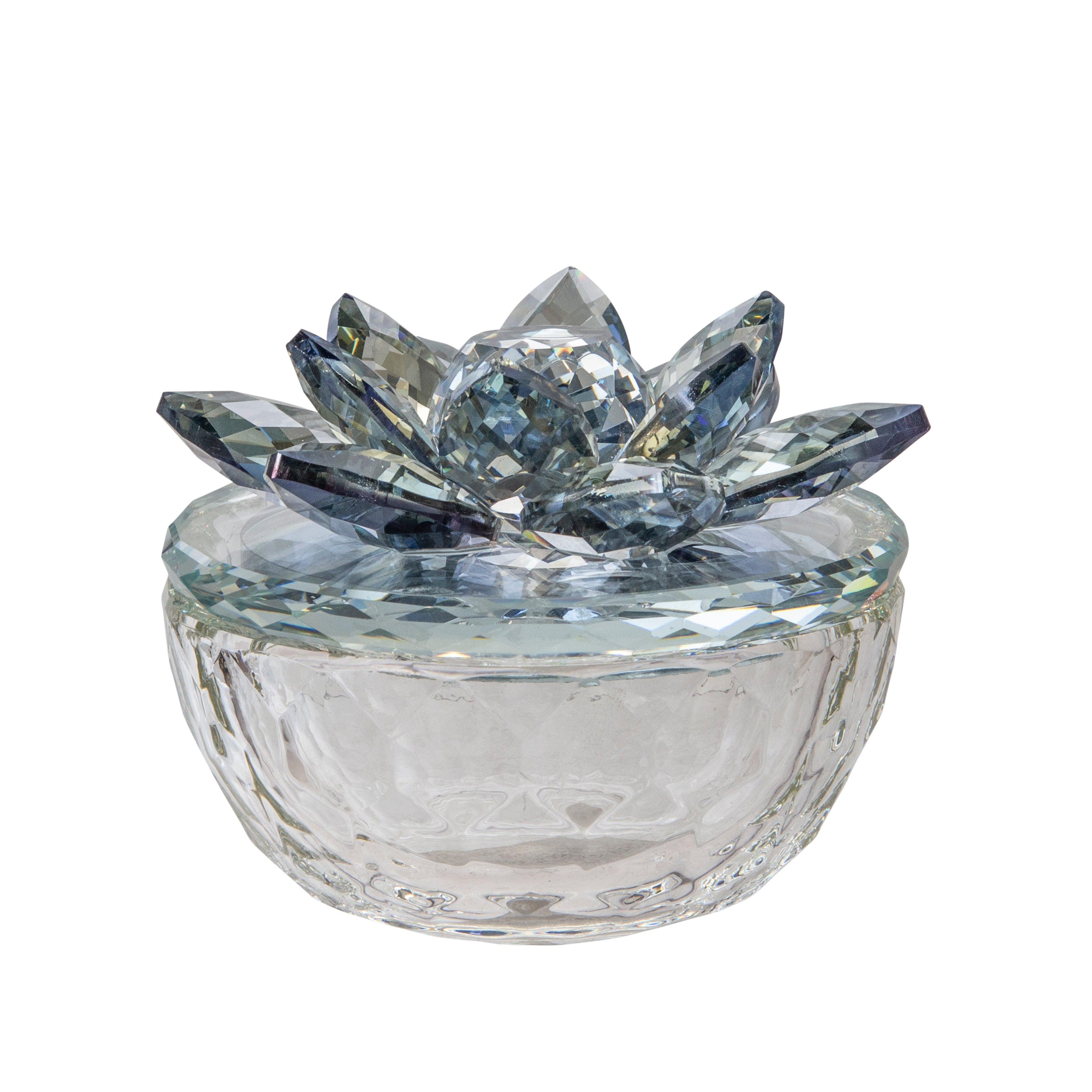 Glass Trinket Box Clear with Blue Lotus Top, Boxes