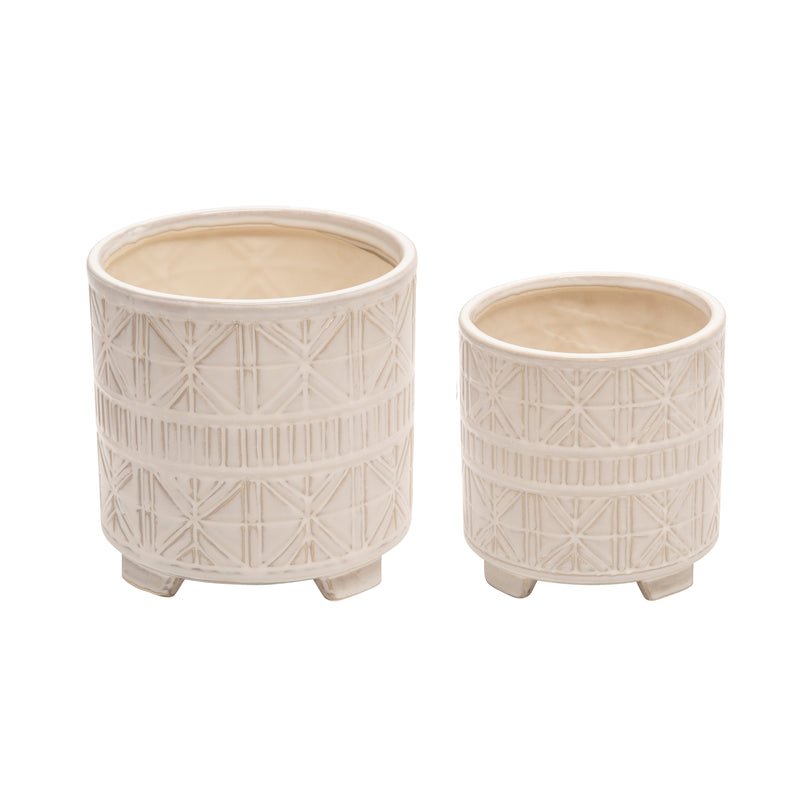 Set of 2 Ceramic Abstract Footed Planter, Beige, Planters