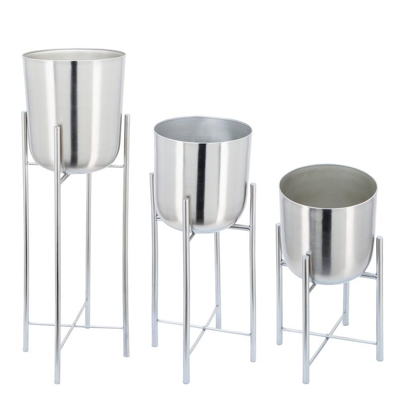Set of 3 Metal Planters On Stand, Silver, Planters