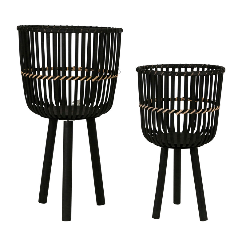 Set of 2 Bamboo Footed Planters, Black, Planters