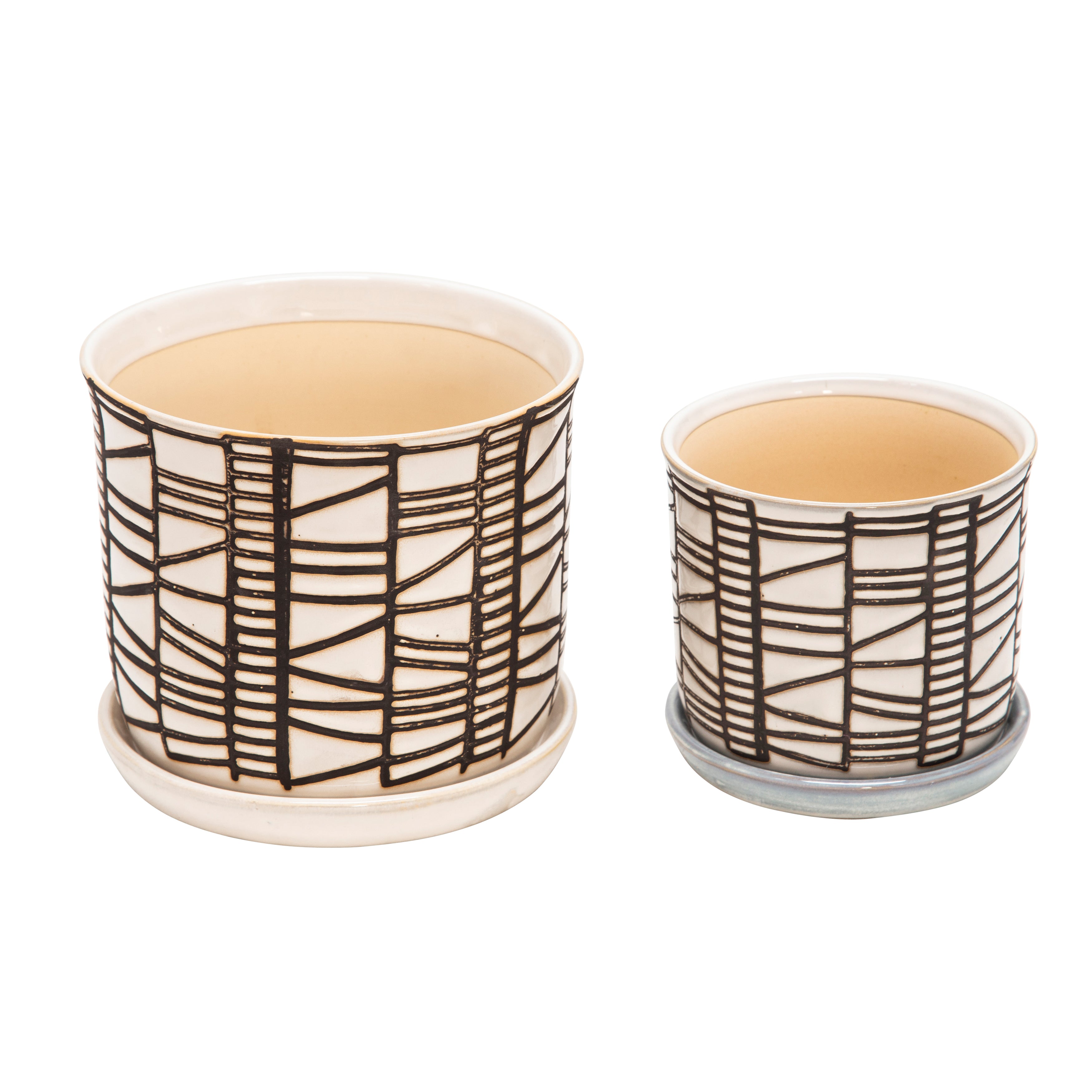 Set of 2 Beige Ceramic Planters with Saucer, Planters