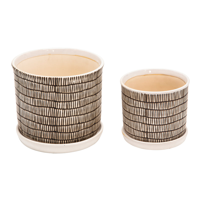 Set of 2 Ceramic Planters with Saucer, Beige, Planters
