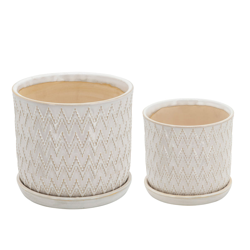 Set of 2 Chevron Planters with Saucer, Beige, Planters