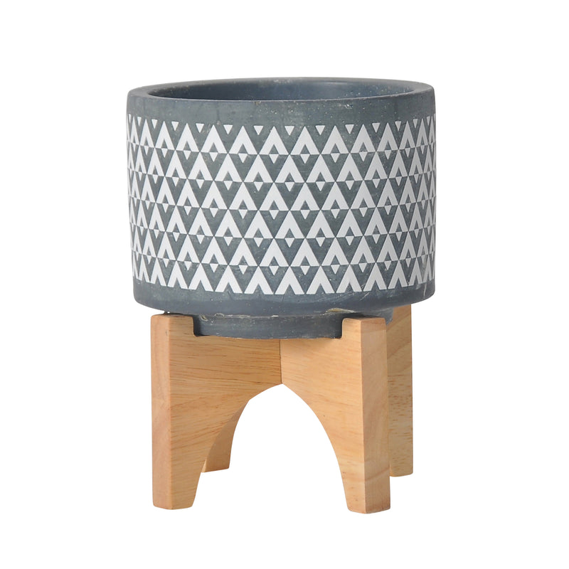 Ceramic 5" Aztec Planter On Wooden Stand, Gray, Planters