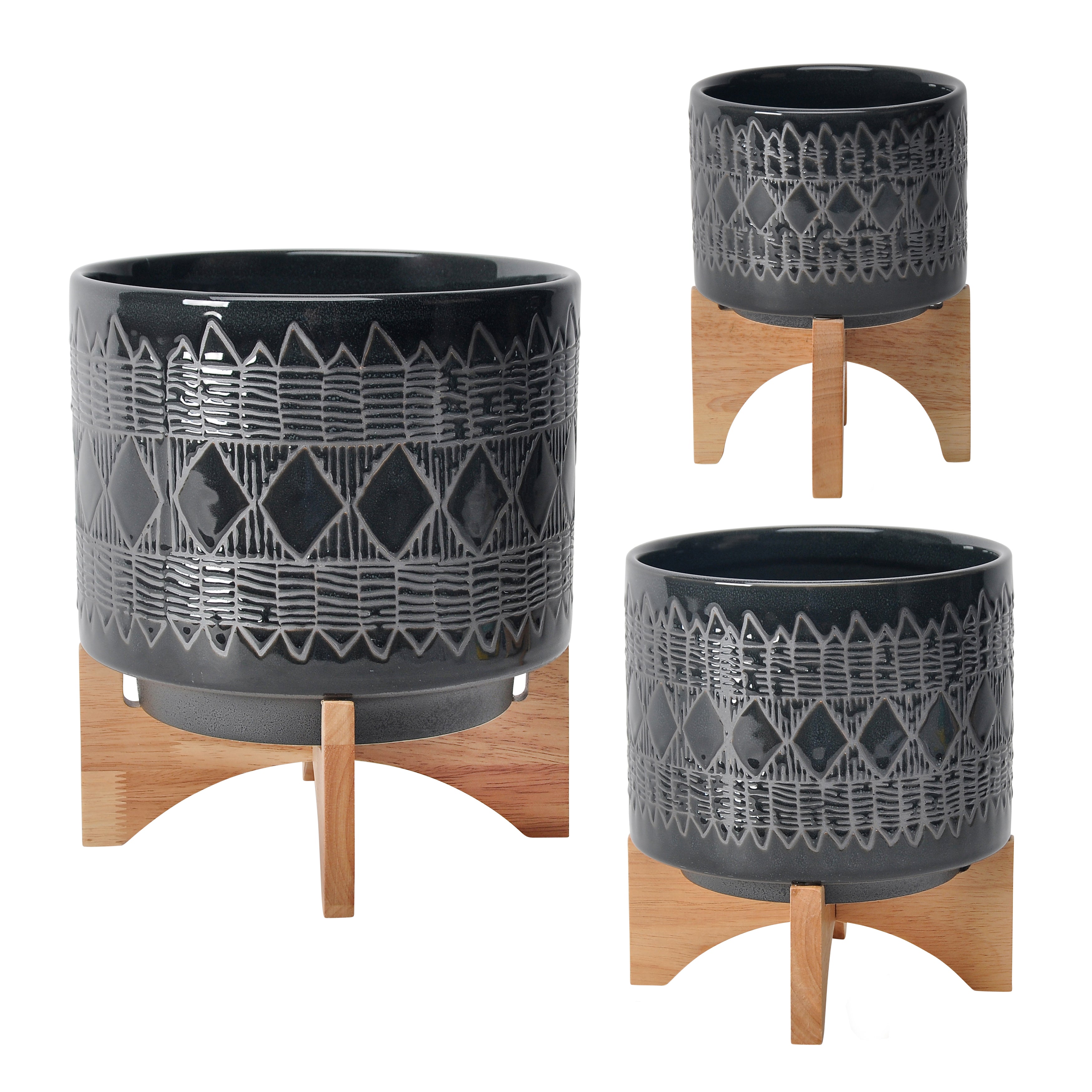 8" Aztec Planter On Wooden Stand, Black, Planters