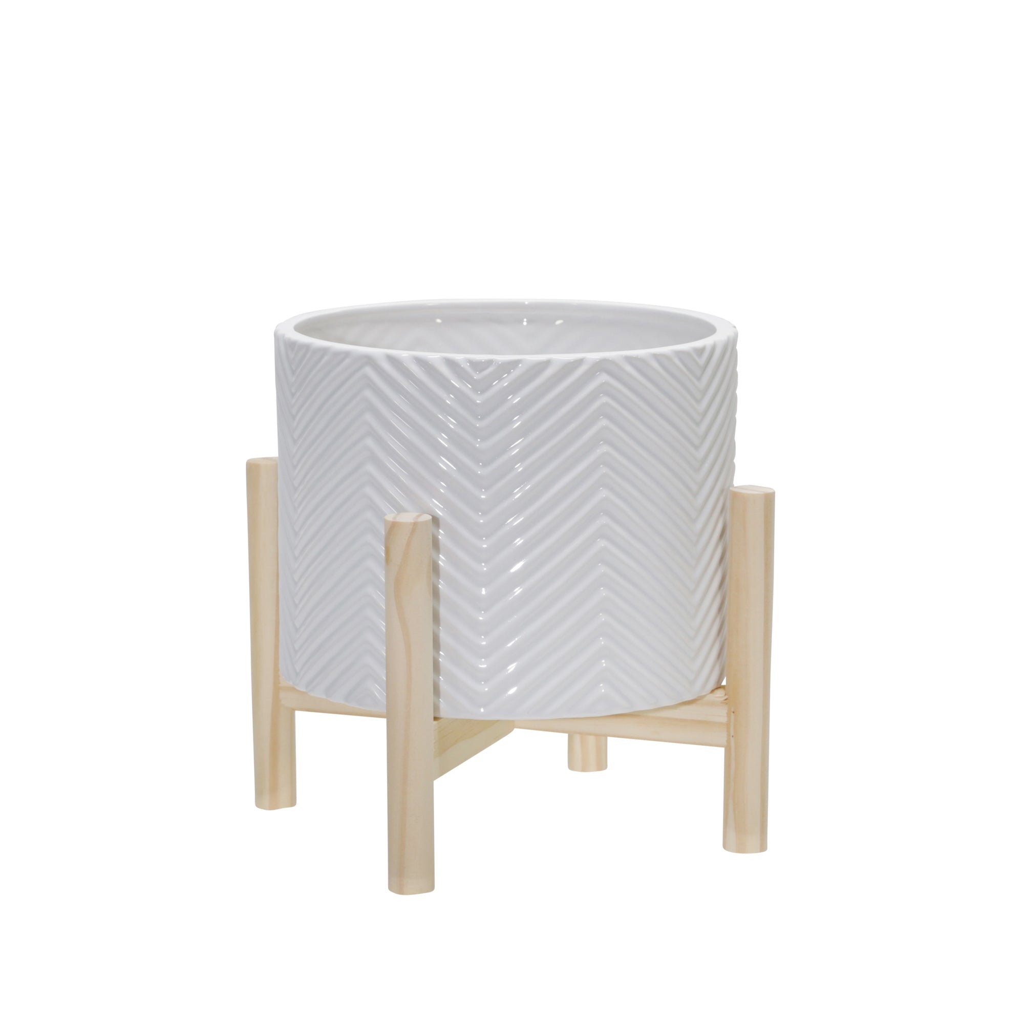 8" Chevron Planter with Wood Stand, White, Planters