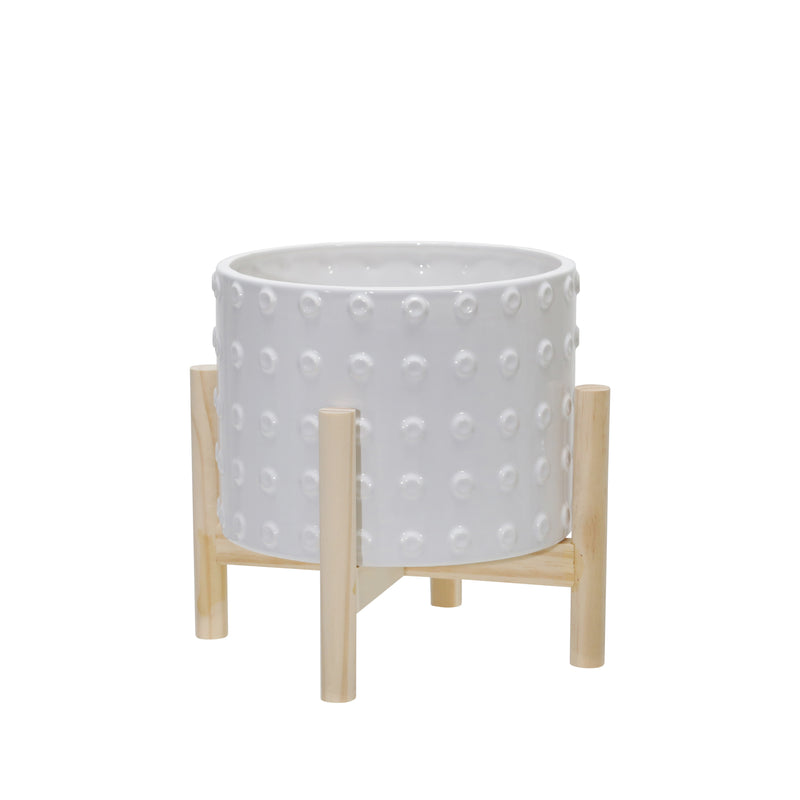 8" Dotted Planter with Wood Stand, White, Planters