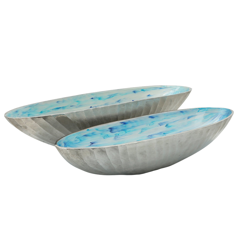 Set of 2 Aluminum Oval Bowls, Blue, Bowls and Plates