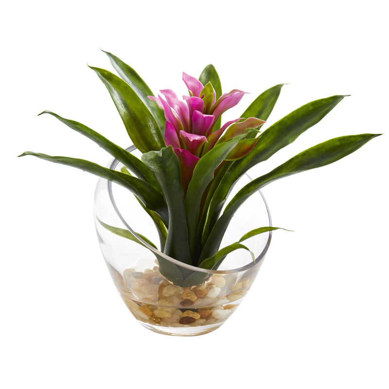 8" Tropical Bromeliad Artificial Arrangement in Angled Vase 