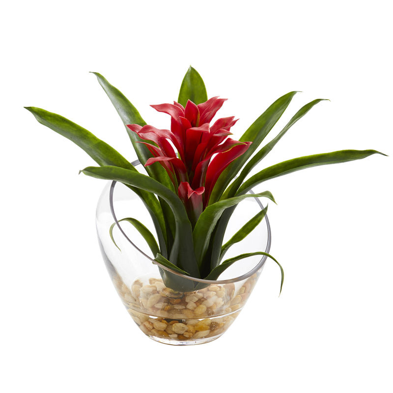 8" Tropical Red Bromeliad in Angled Vase
