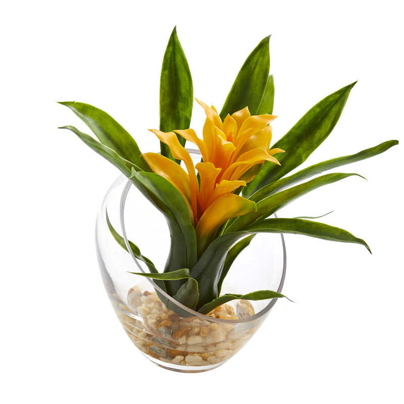 8" Tropical Yellow Bromeliad in Angled Vase