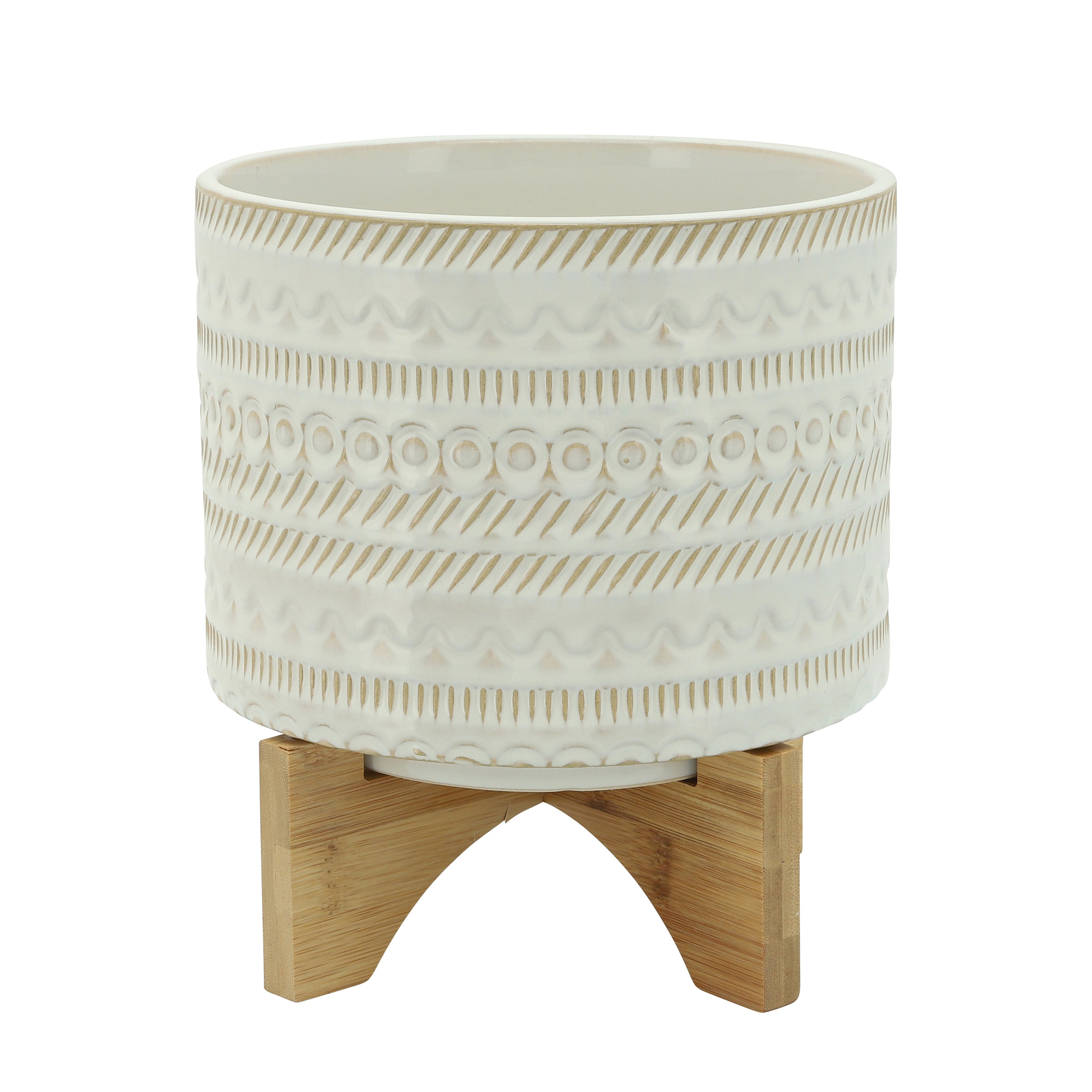 8" Tribal Planter with Wood Stand, Beige, Planters