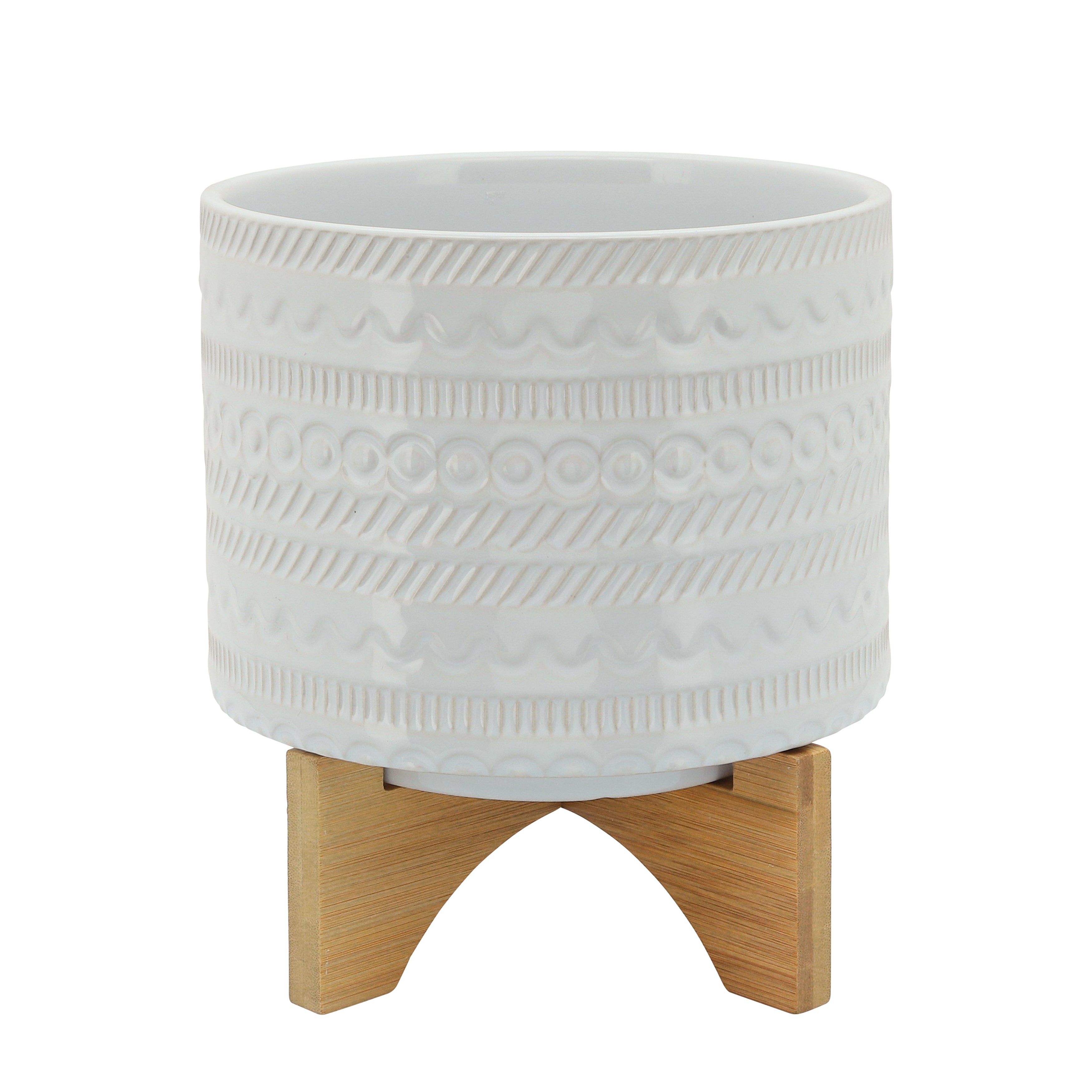 8" Tribal Planter with Wood Stand, White, Planters