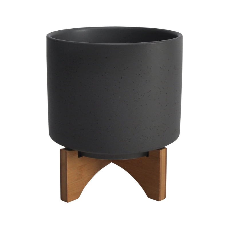 8" Planter with Wood Stand, Matte Gray, Planters