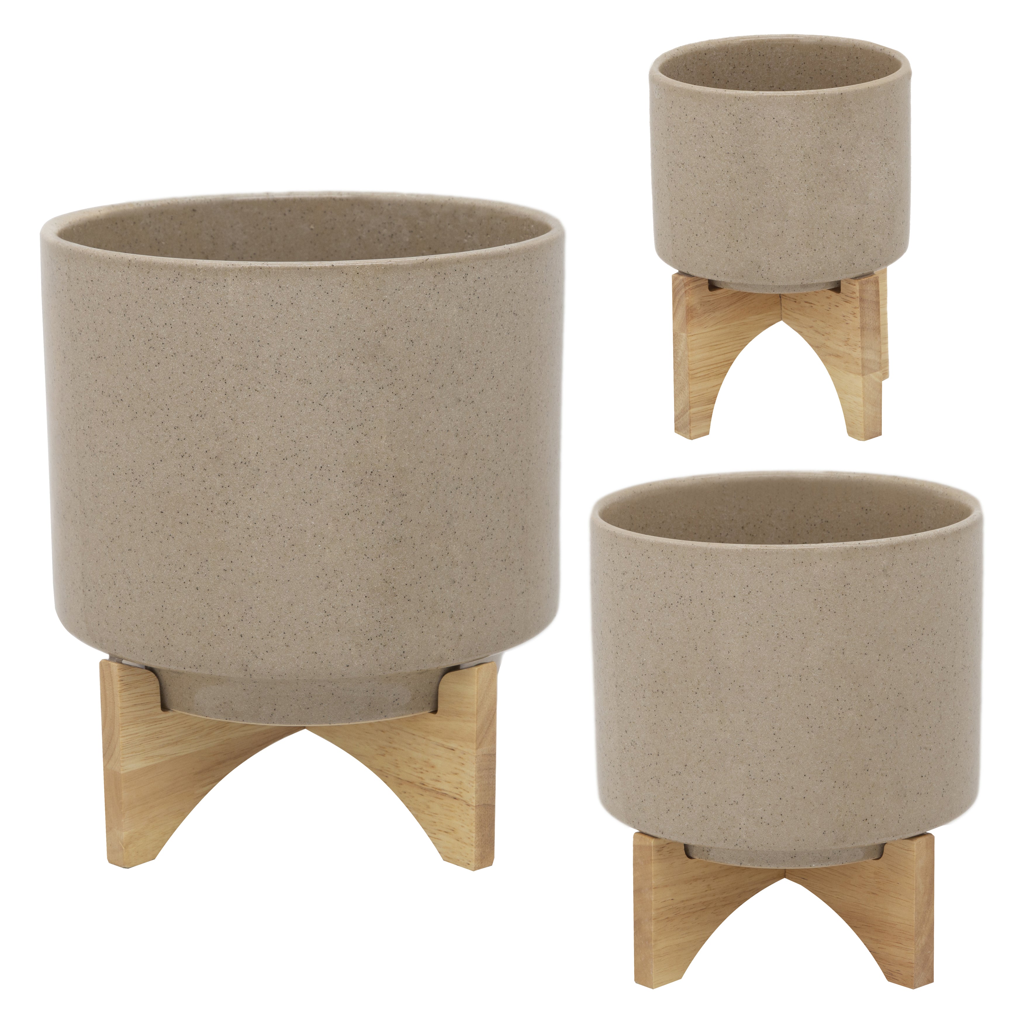 8" Planter with Wood Stand, Beige, Planters