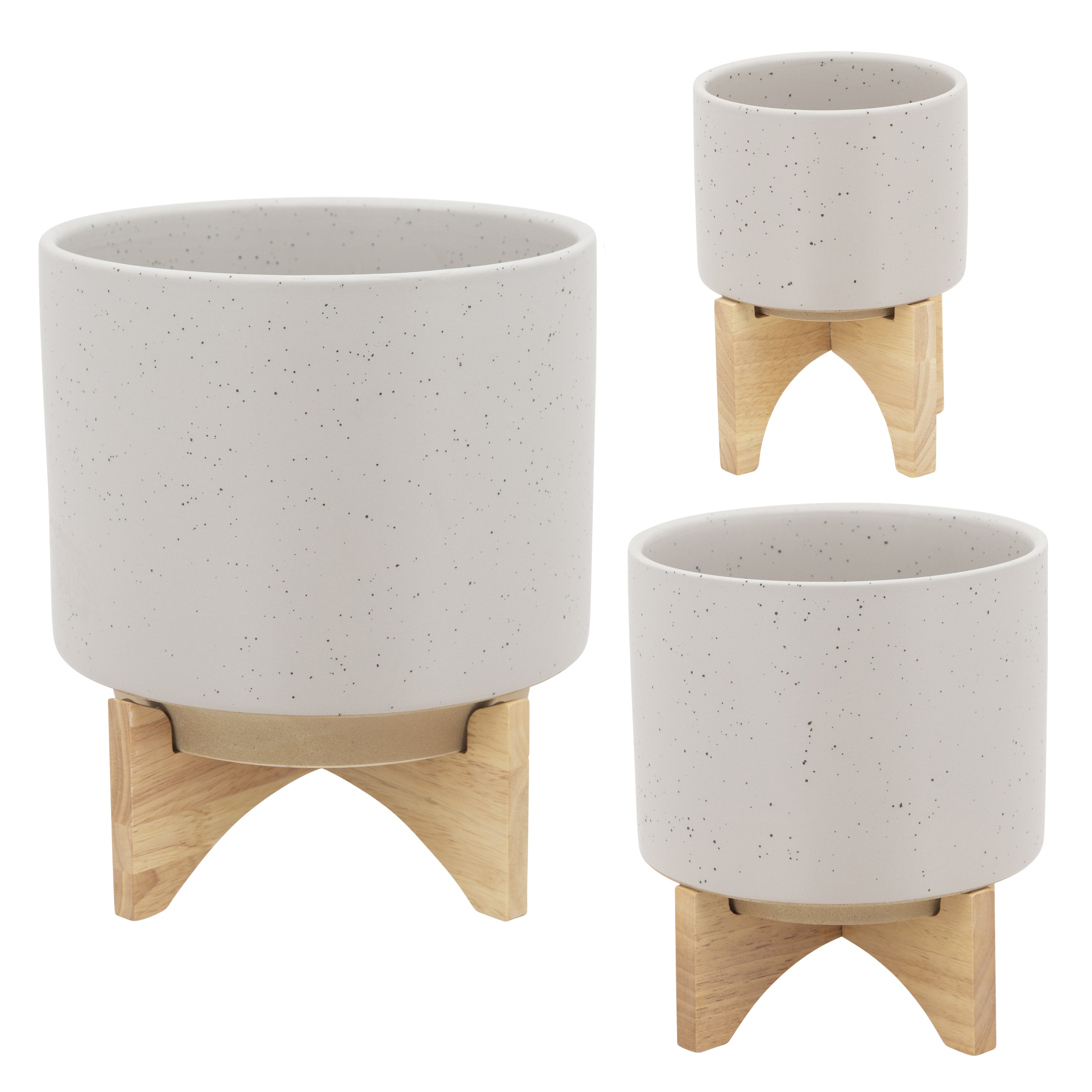 5" Planter with Wood Stand, Matte Beige, Planters