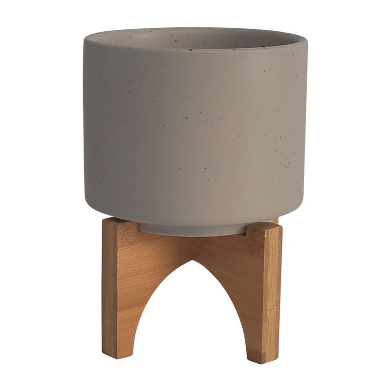 5" Planter with Wood Stand, Matte Beige, Planters