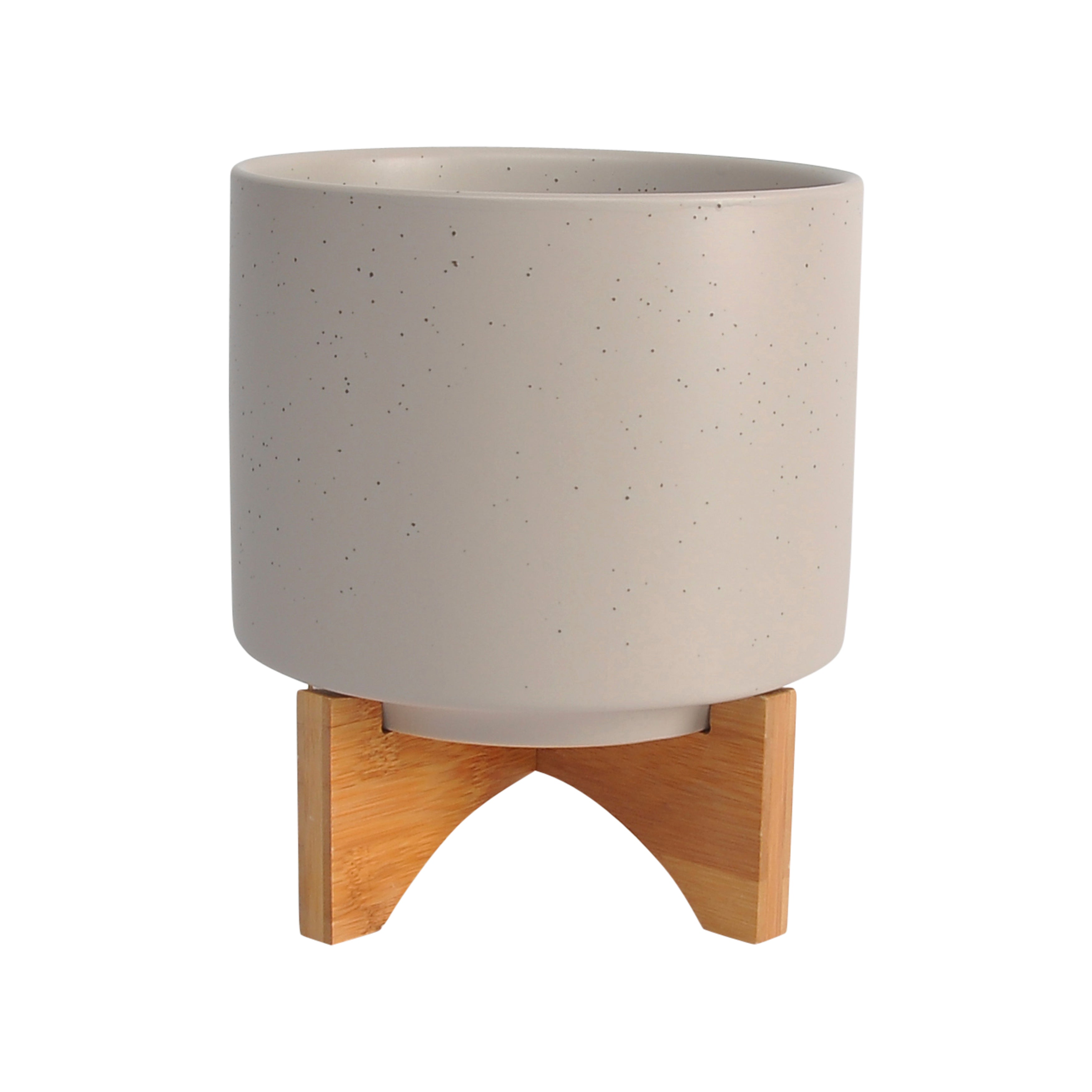 8" Planter with Wood Stand, Matte Beige, Planters