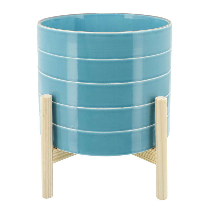 10" Striped Planter with Wood Stand, Blue, Planters