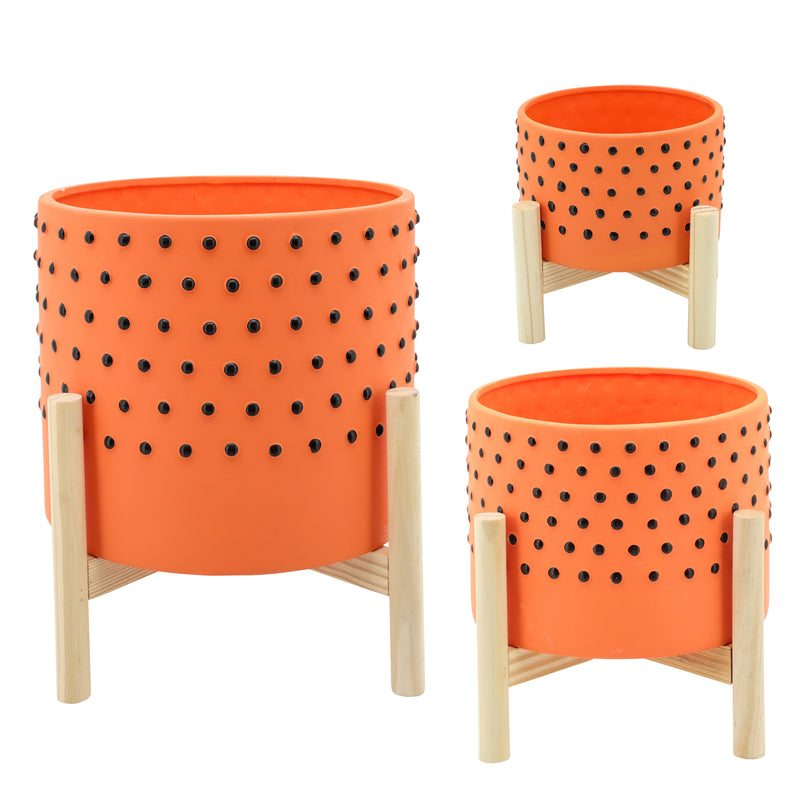 10" Dotted Planter with Wood Stand, Orange