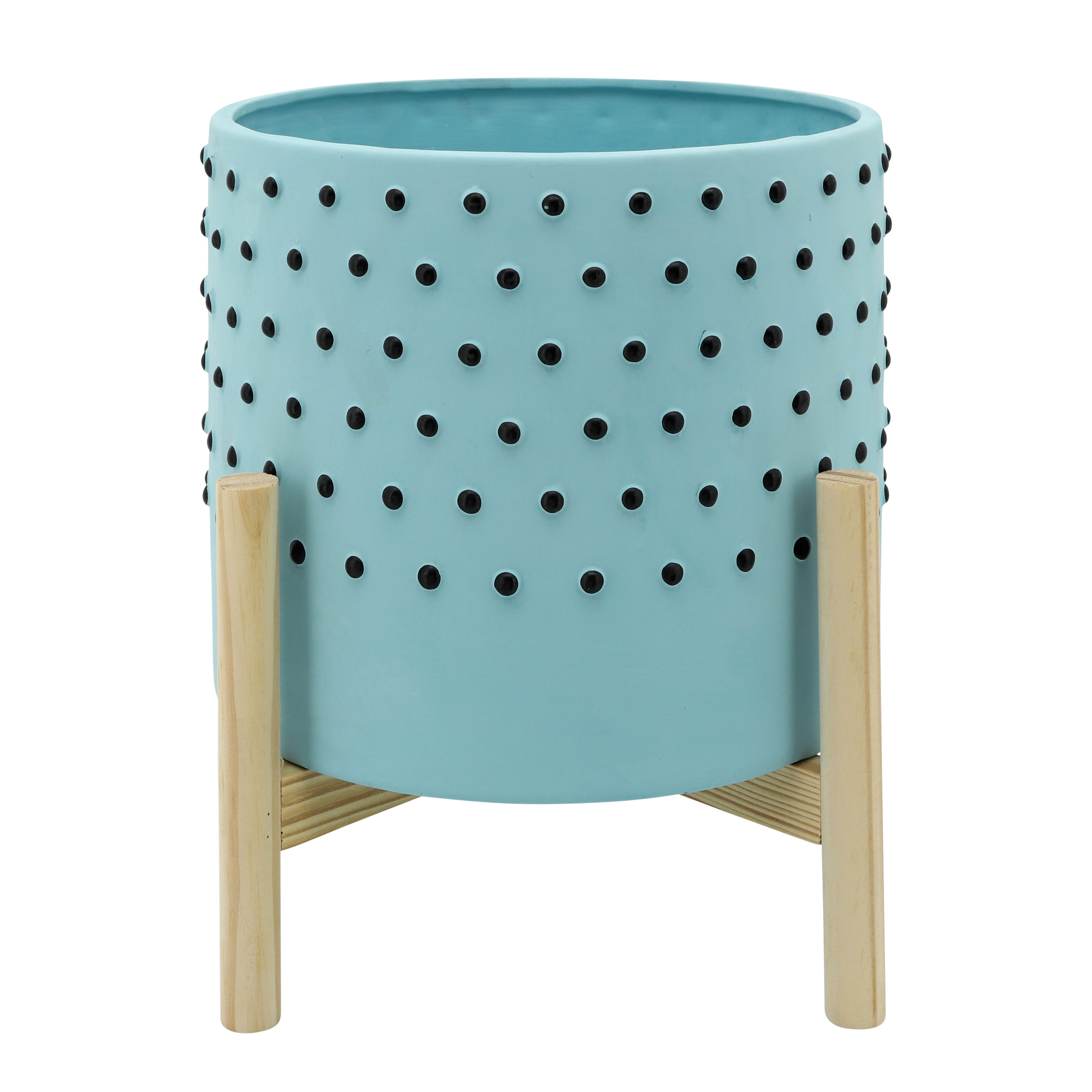 10" Dotted Planter with Wood Stand, Blue, Planters