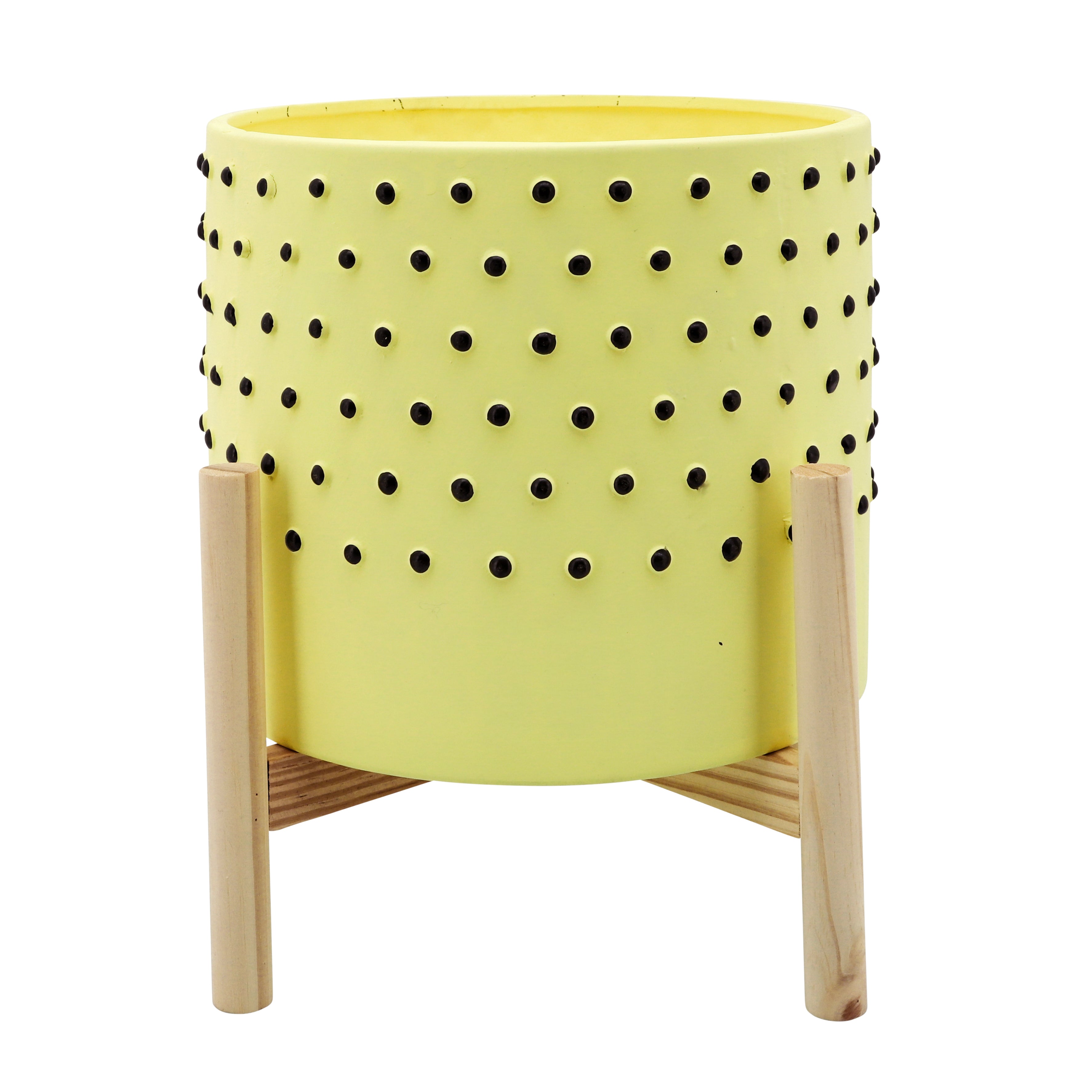 10" Dotted Planter with Wood Stand, Yellow, Planters
