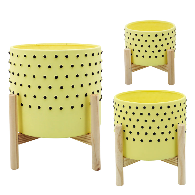 6" Dotted Planter with Wood Stand, Yellow