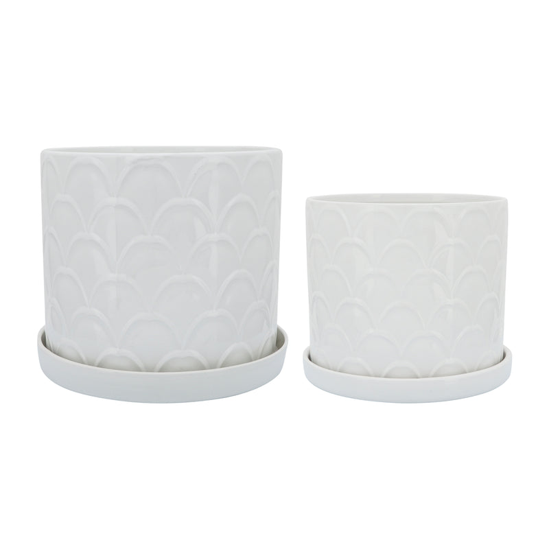 Set of 2 Scaly Planters with Saucer, White, Planters