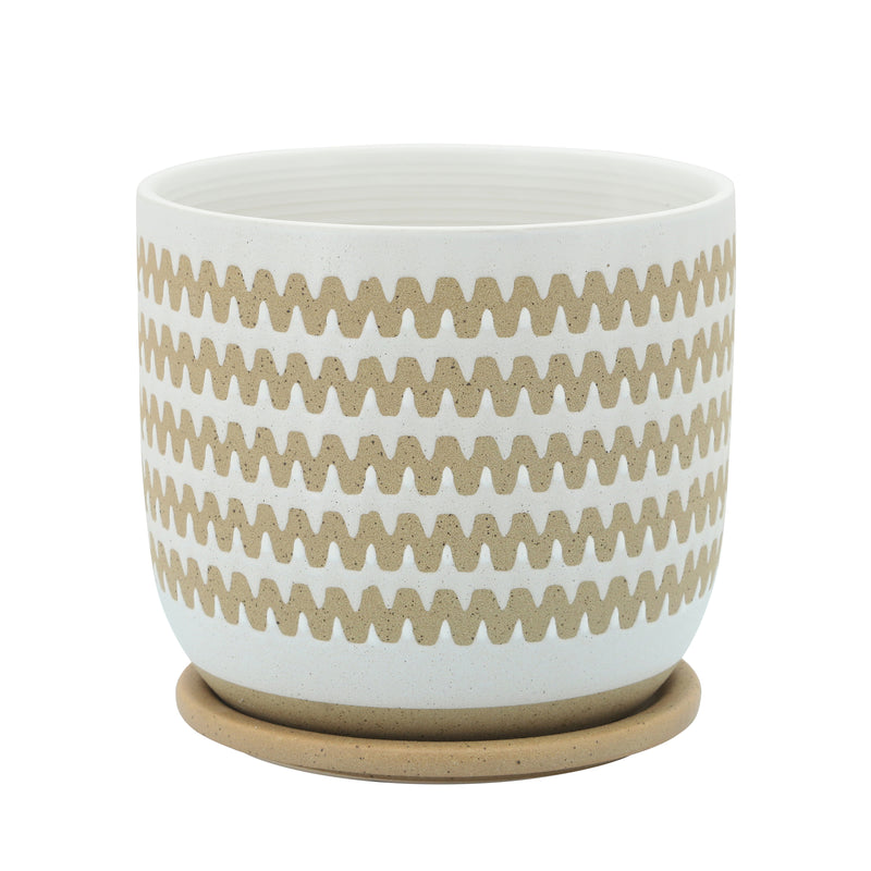 8" Zig-Zag Planter with Saucer, White, Planters