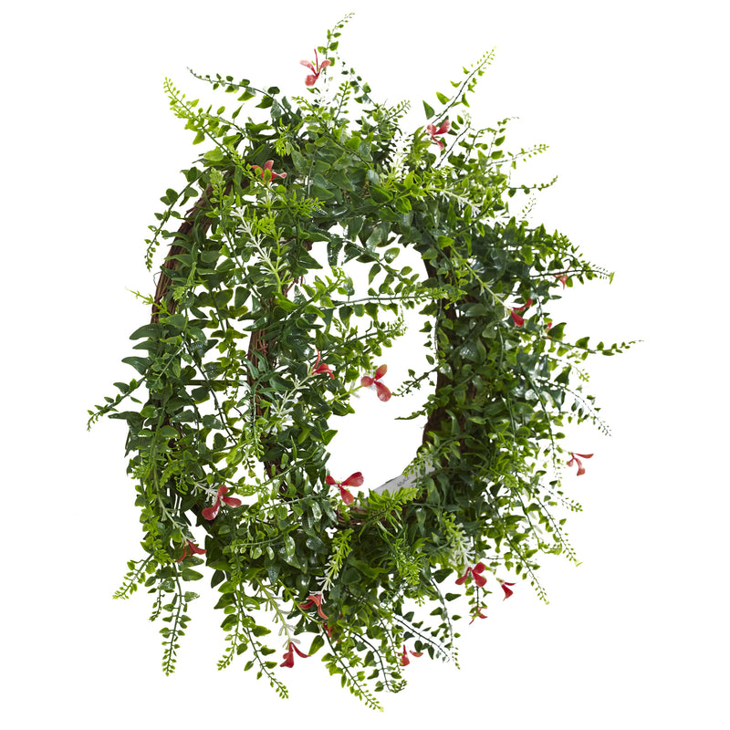 18" Floral & Fern Double Ring Wreath with Twig Base