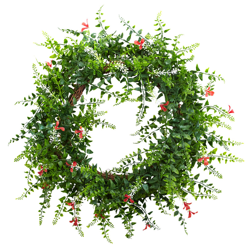 18" Floral & Fern Double Ring Wreath with Twig Base