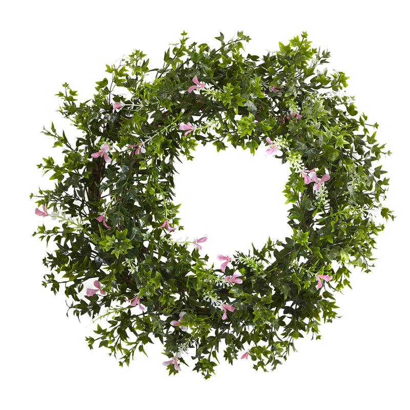 18" Mini Ivy & Floral Double Ring Wreath wtih Twig Base