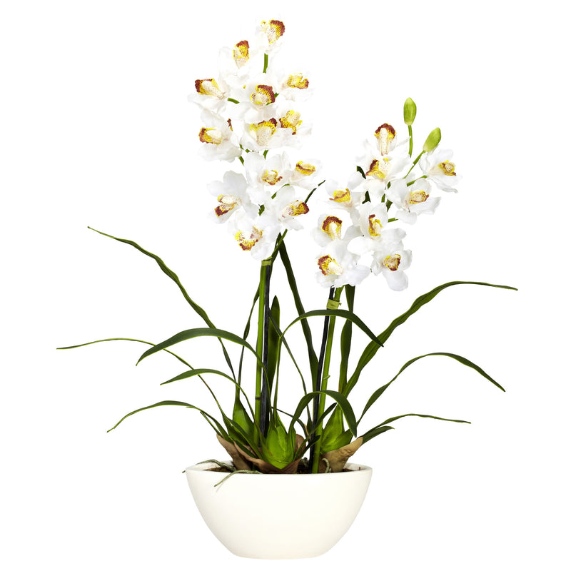 Cymbidium with White Vase Silk Flower Arrangement