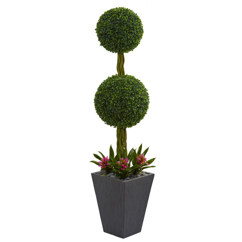 5" Double Boxwood Ball Topiary Artificial Tree in Slate Planter UV Resistant (Indoor/Outdoor)