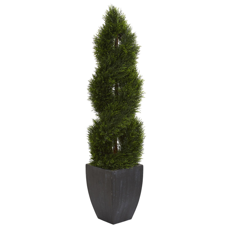 5 foot Double Pond Cypress Spiral Topiary Artificial Tree in Black Wash Planter UV Resistant (Indoor/Outdoor)