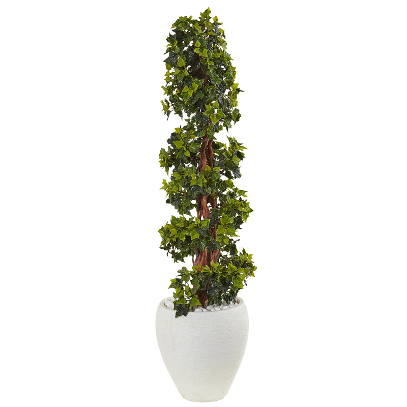 4" English Ivy Topiary Tree in White Oval Planter UV Resistant (Indoor/Outdoor)