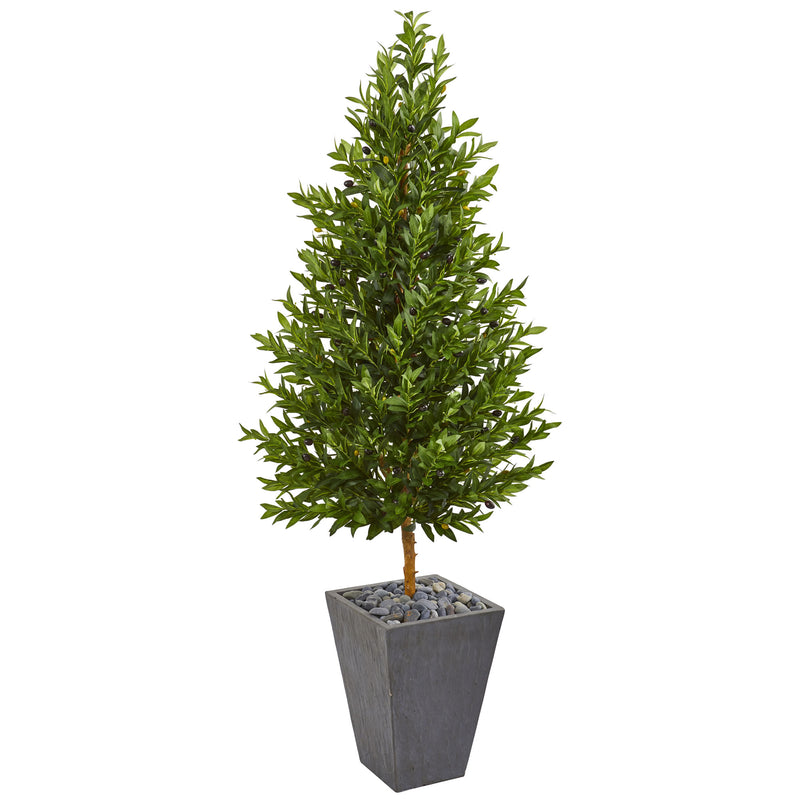 67" Olive Cone Topiary Artificial Tree in Slate Planter UV Resistant (Indoor/Outdoor)
