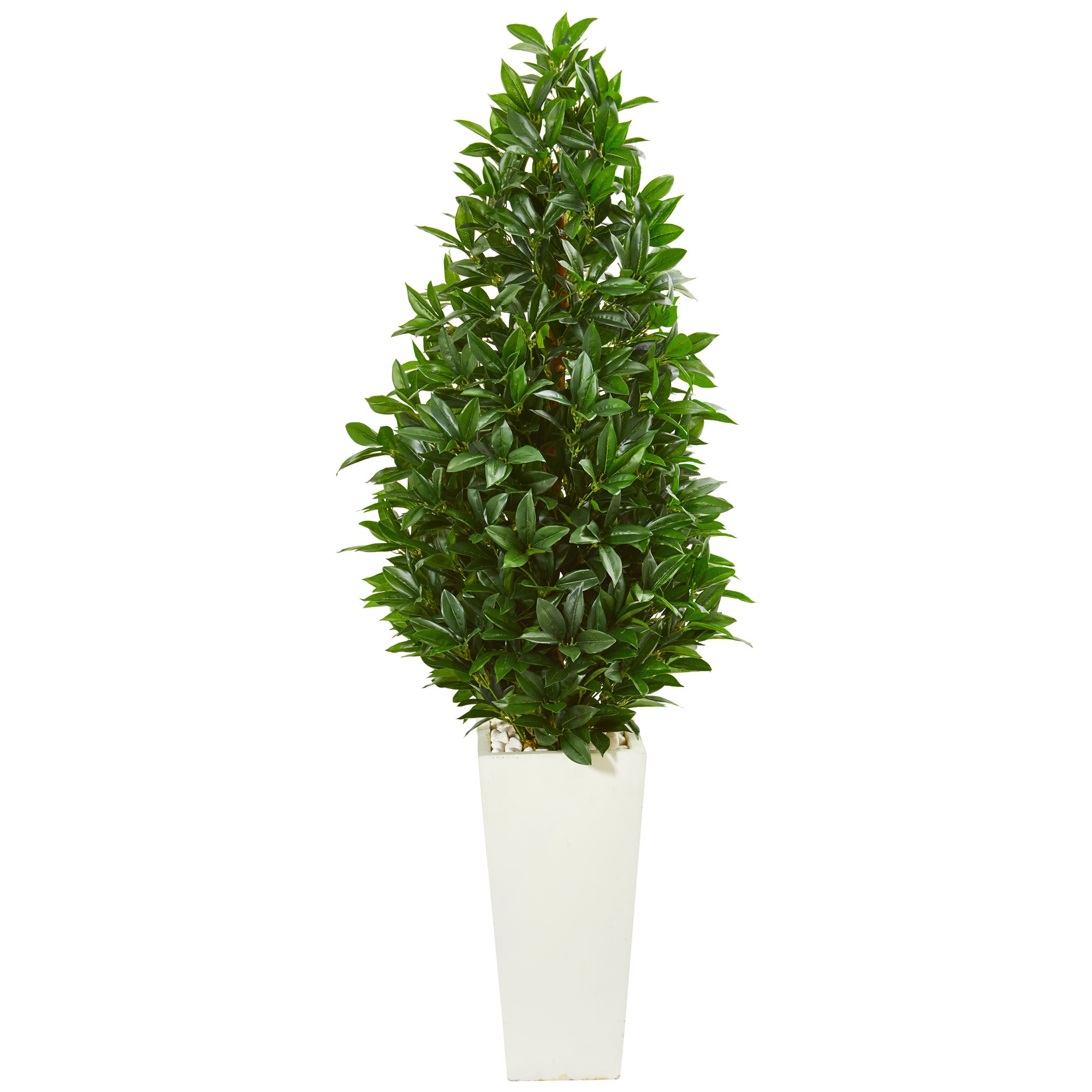 63" Bay Leaf Cone Topiary Artificial Tree in White Planter UV Resistant (Indoor/Outdoor)