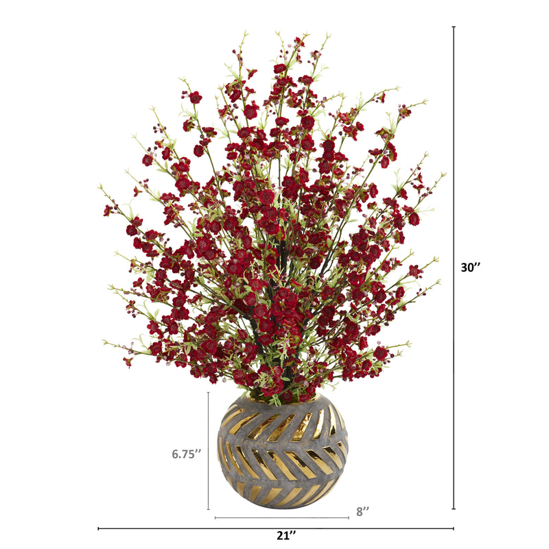30" Cherry Blossom Artificial Arrangement in Stoneware Vase with Gold Trim