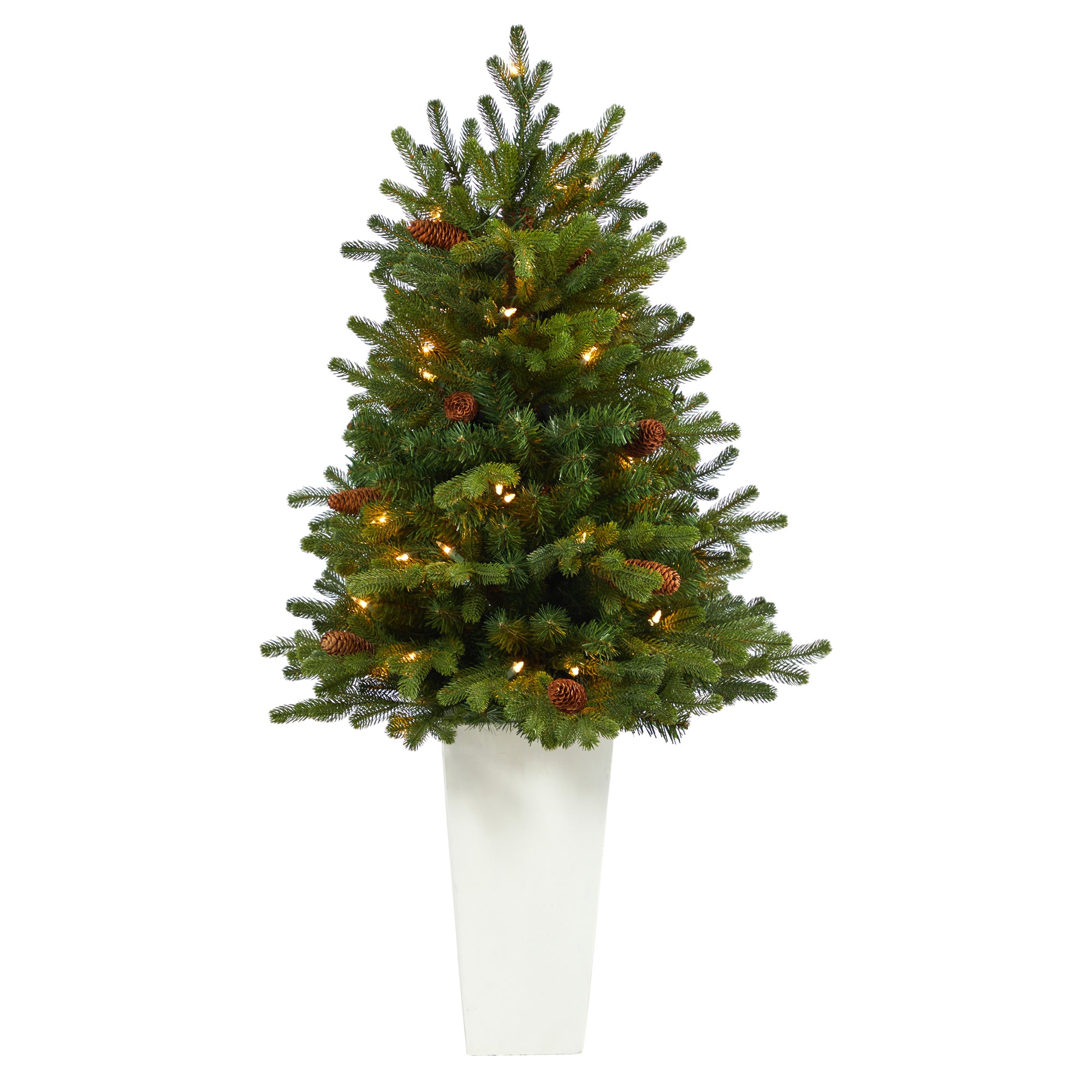 3.5' Yukon Mountain Fir Artificial Christmas Tree with 50 Clear Lights and Pine Cones in White Planter