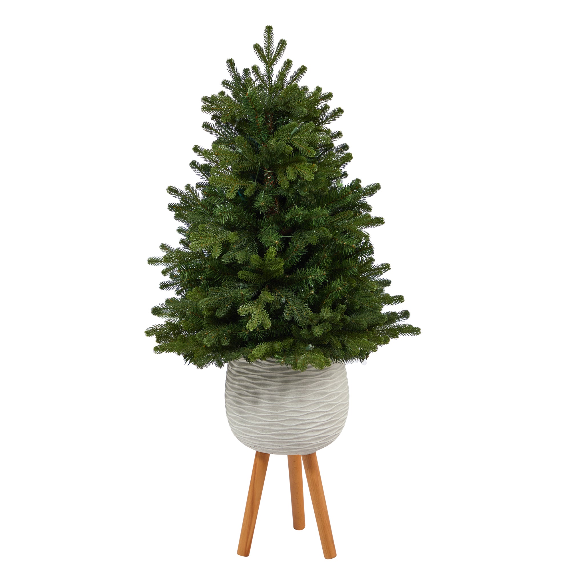 4' Washington Fir Artificial Christmas Tree with 50 Clear Lights in White Planter with Decorative Planter Stand